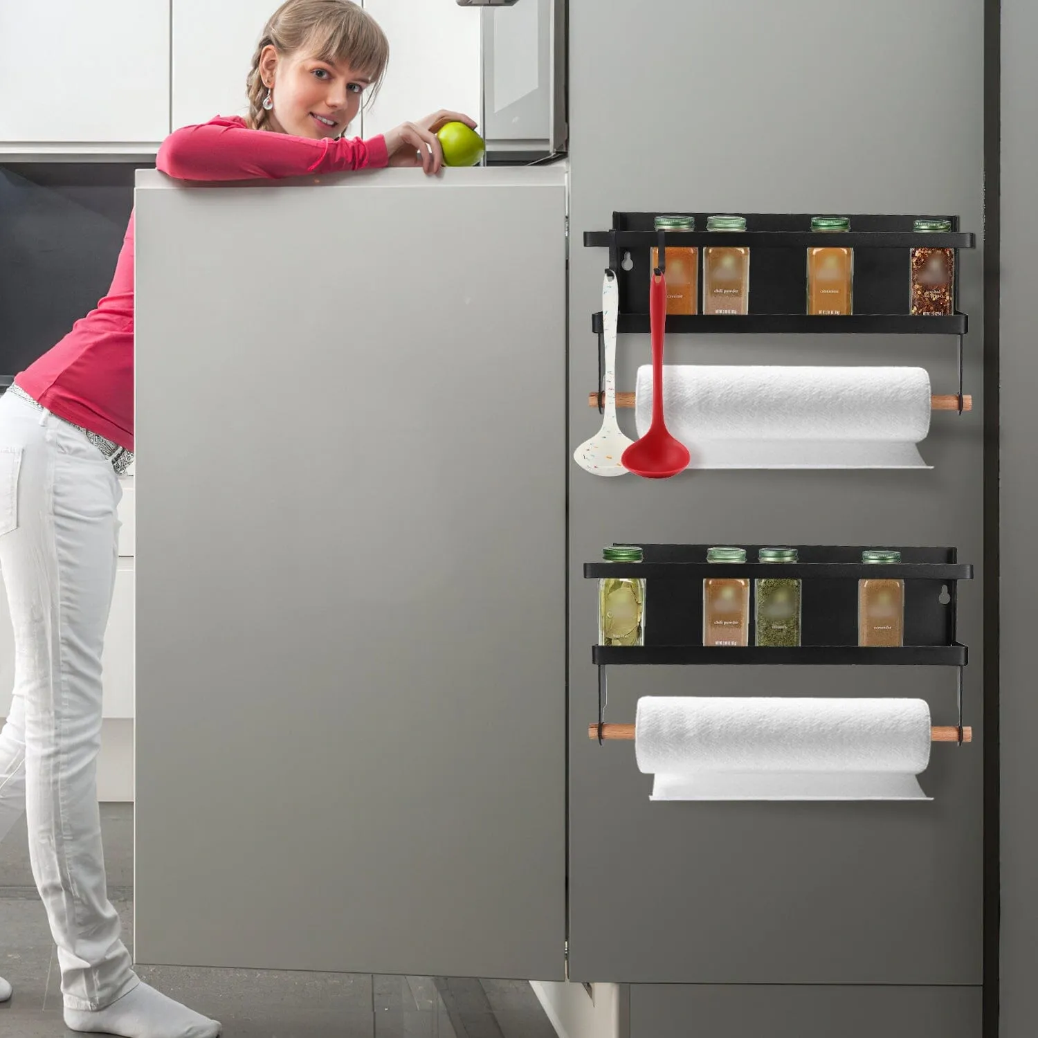2-Piece: Magnetic Spice Racks for Refrigerator with Paper Towel Holder