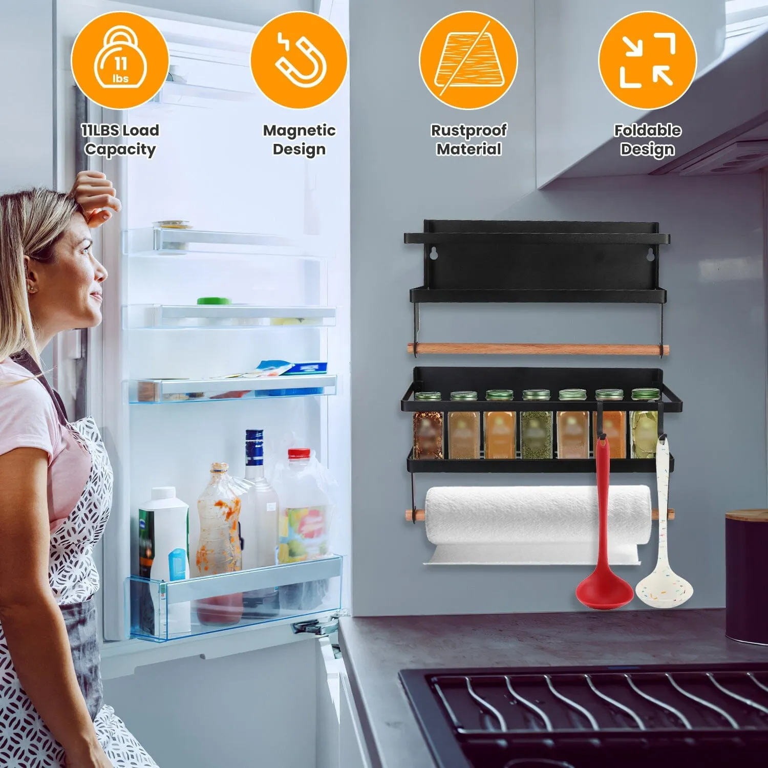 2-Piece: Magnetic Spice Racks for Refrigerator with Paper Towel Holder
