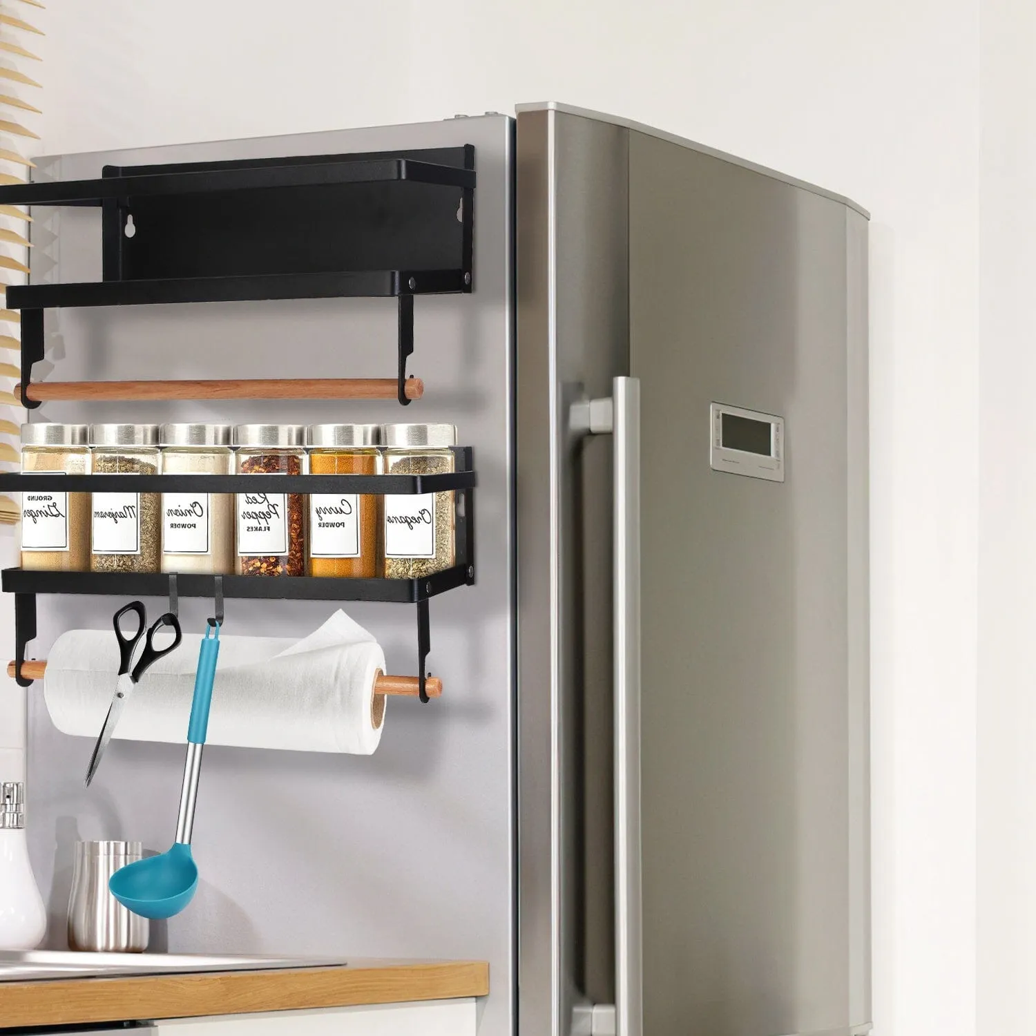 2-Piece: Magnetic Spice Racks for Refrigerator with Paper Towel Holder