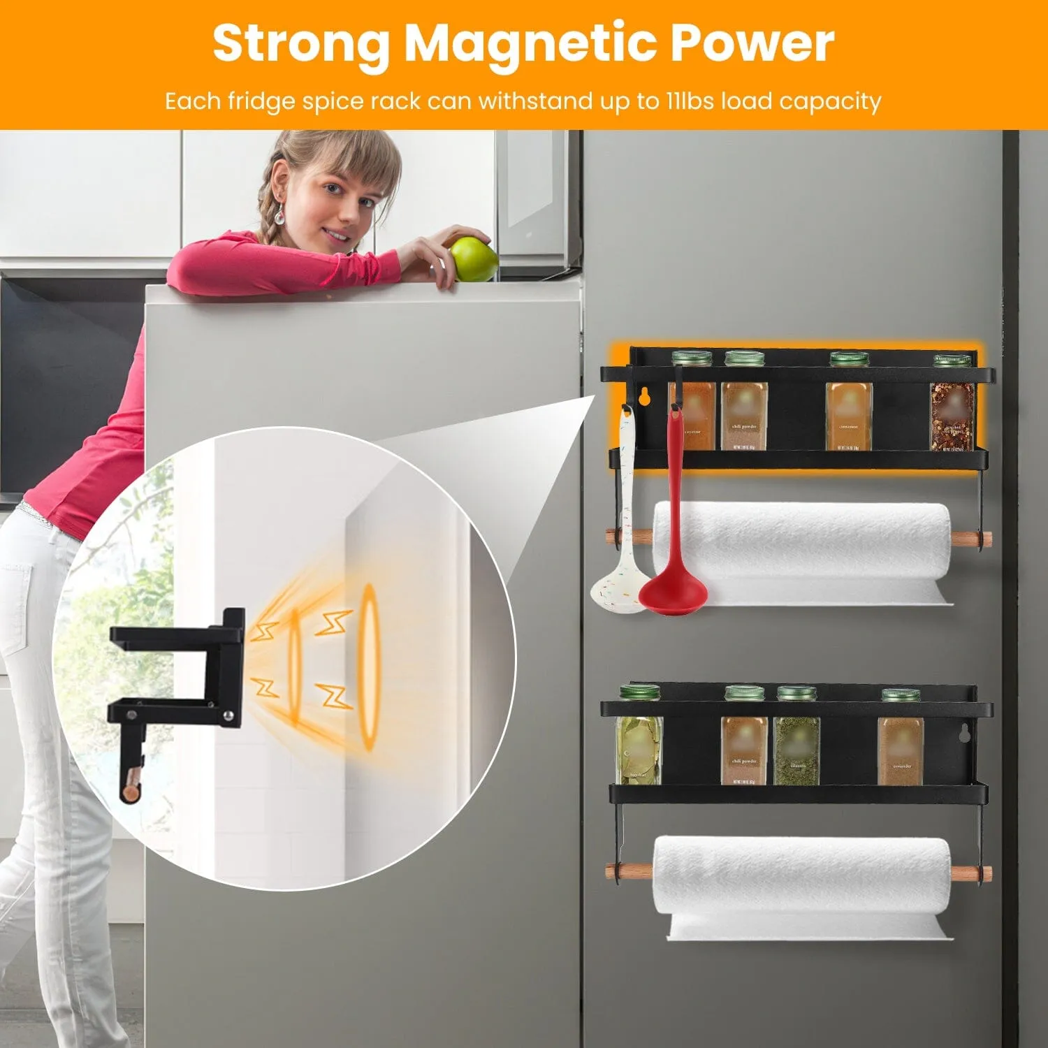 2-Piece: Magnetic Spice Racks for Refrigerator with Paper Towel Holder