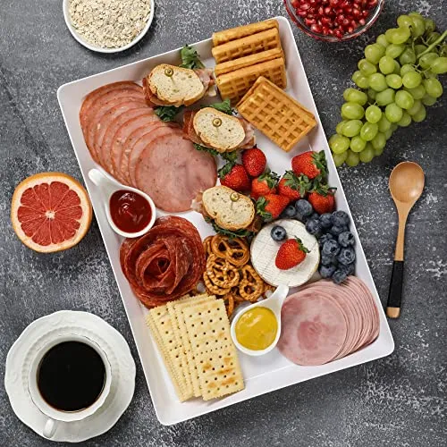 3 Pack, 16" x 11" Large White Serving Trays Set - Reusable Plastic Serving Platters for Cookie, Appetizer, Charcuterie, Snack, Dessert, Party Food Display - Stackable Kitchen CounterTop Tray, BPA Free
