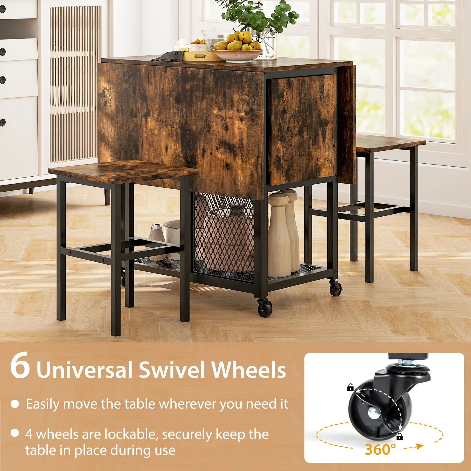 3-Piece Foldable Dining Table Set with Lockable Wheels for Small Place-Brown