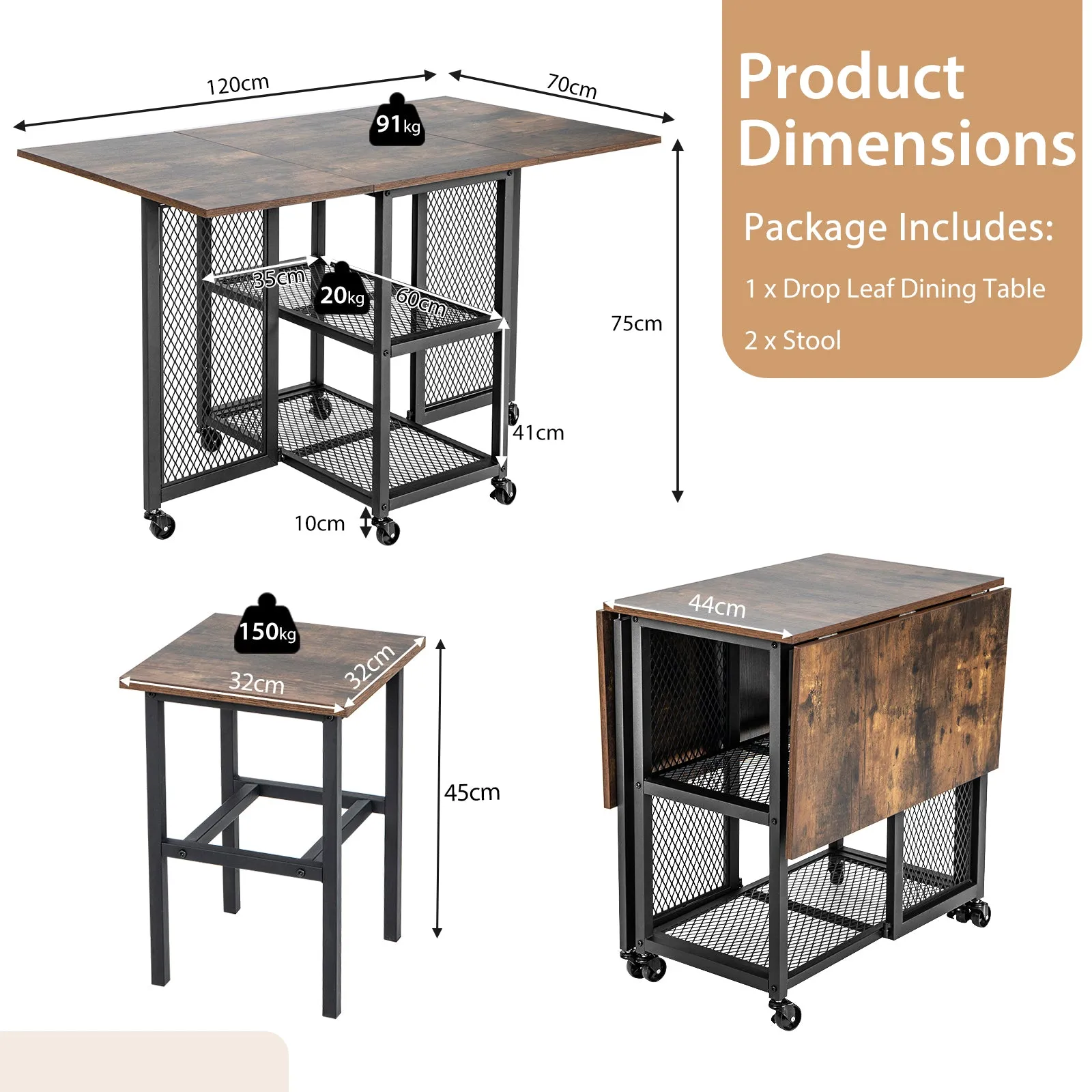 3-Piece Foldable Dining Table Set with Lockable Wheels for Small Place-Brown