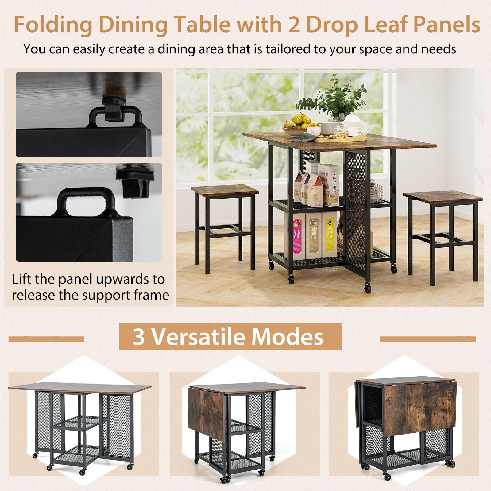 3-Piece Foldable Dining Table Set with Lockable Wheels for Small Place-Brown
