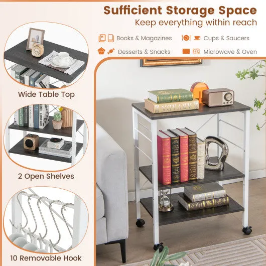 3-Tier Kitchen Baker's Rack Microwave Oven Storage Cart with Hooks-Deep Brown