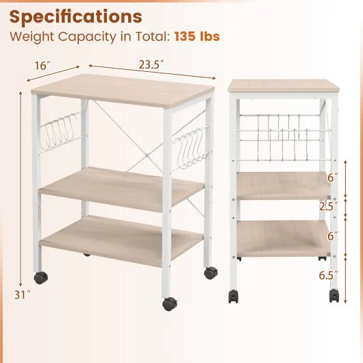 3-Tier Kitchen Baker's Rack Microwave Oven Storage Cart with Hooks-Light Brown