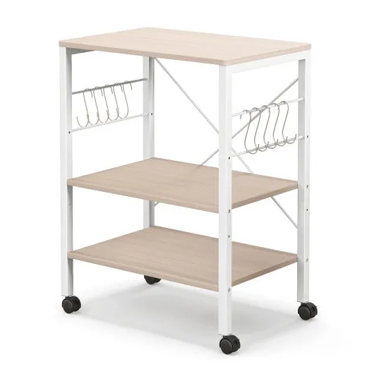 3-Tier Kitchen Baker's Rack Microwave Oven Storage Cart with Hooks-Light Brown