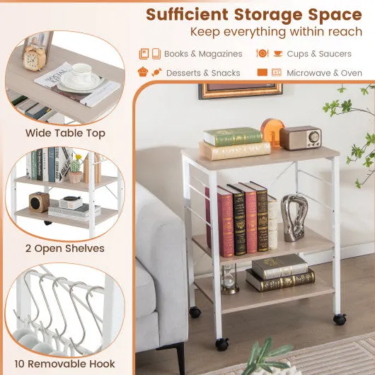 3-Tier Kitchen Baker's Rack Microwave Oven Storage Cart with Hooks-Light Brown