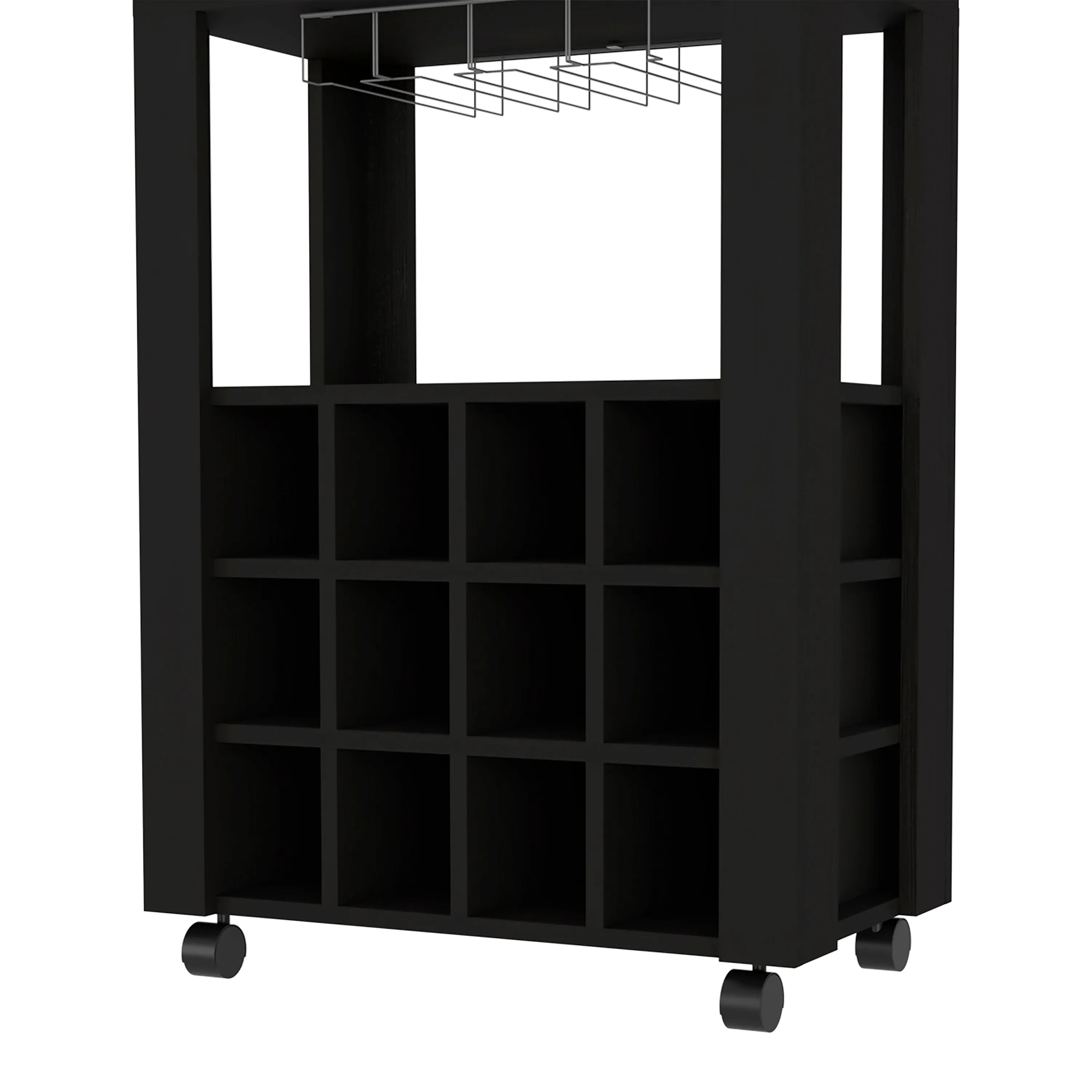 39" H black bar- coffee cart, Kitchen or living room cabinet storage, with 12 bottle racks, a central shelf with  1 Cup holders, 1 drawer ideal for storing small things
