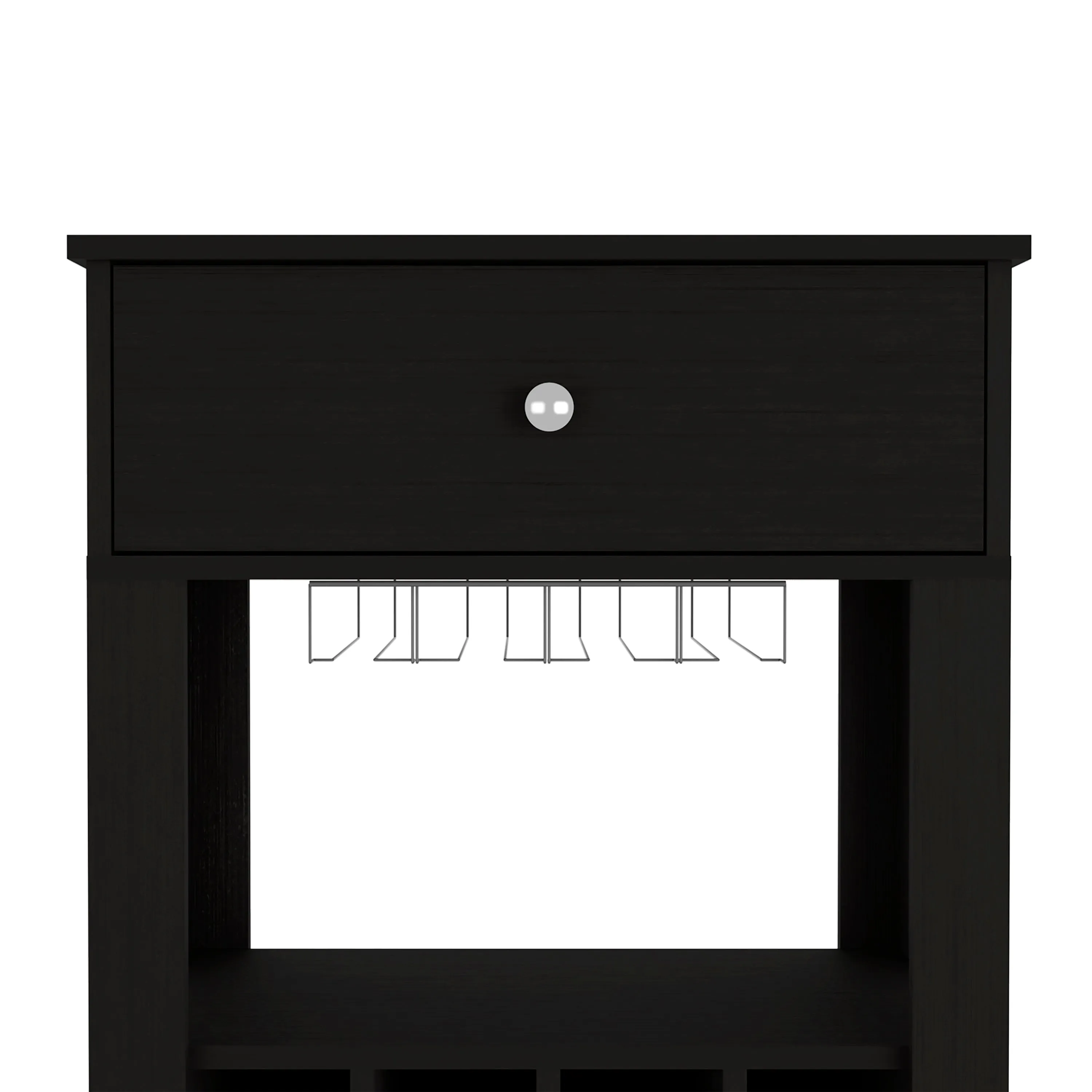39" H black bar- coffee cart, Kitchen or living room cabinet storage, with 12 bottle racks, a central shelf with  1 Cup holders, 1 drawer ideal for storing small things
