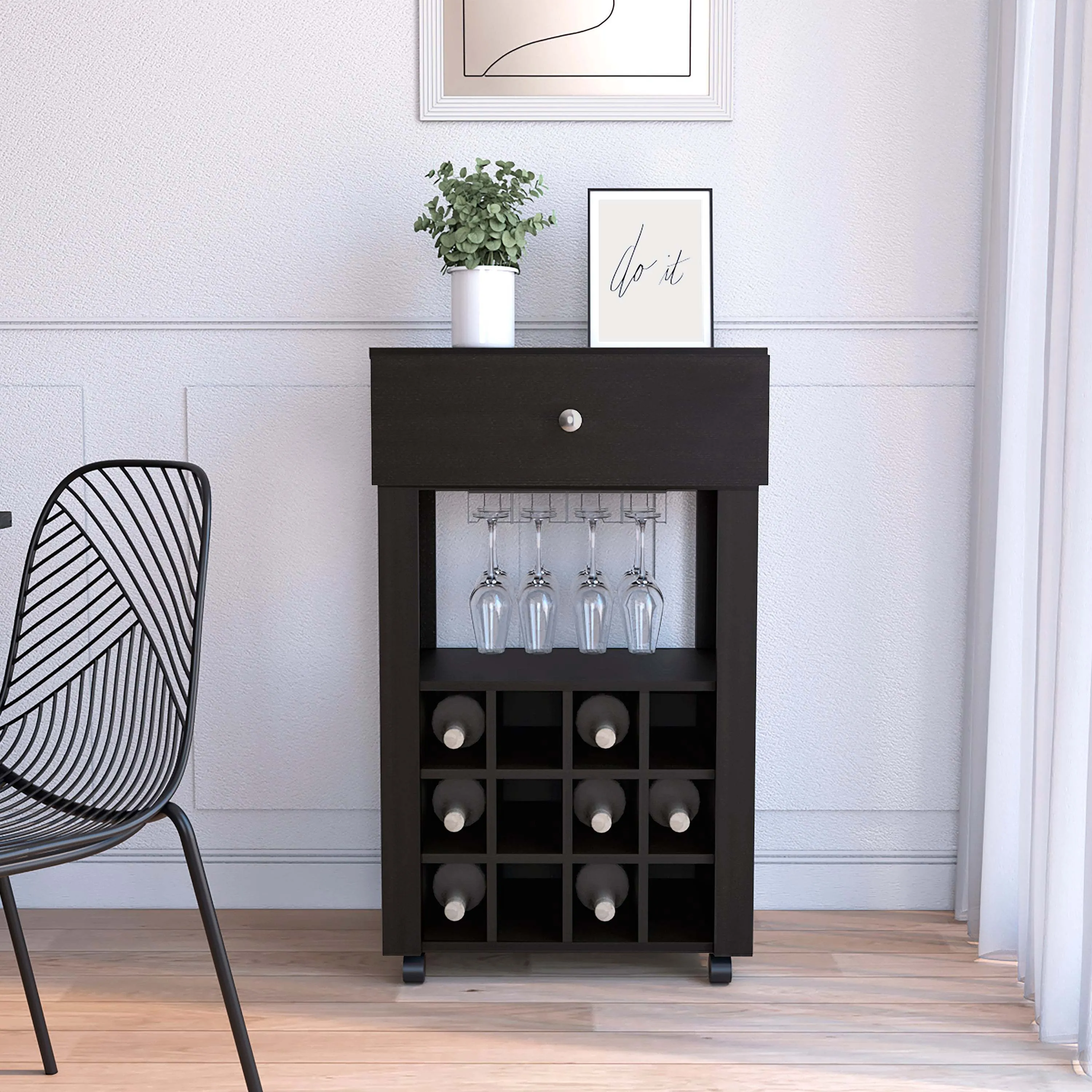 39" H black bar- coffee cart, Kitchen or living room cabinet storage, with 12 bottle racks, a central shelf with  1 Cup holders, 1 drawer ideal for storing small things