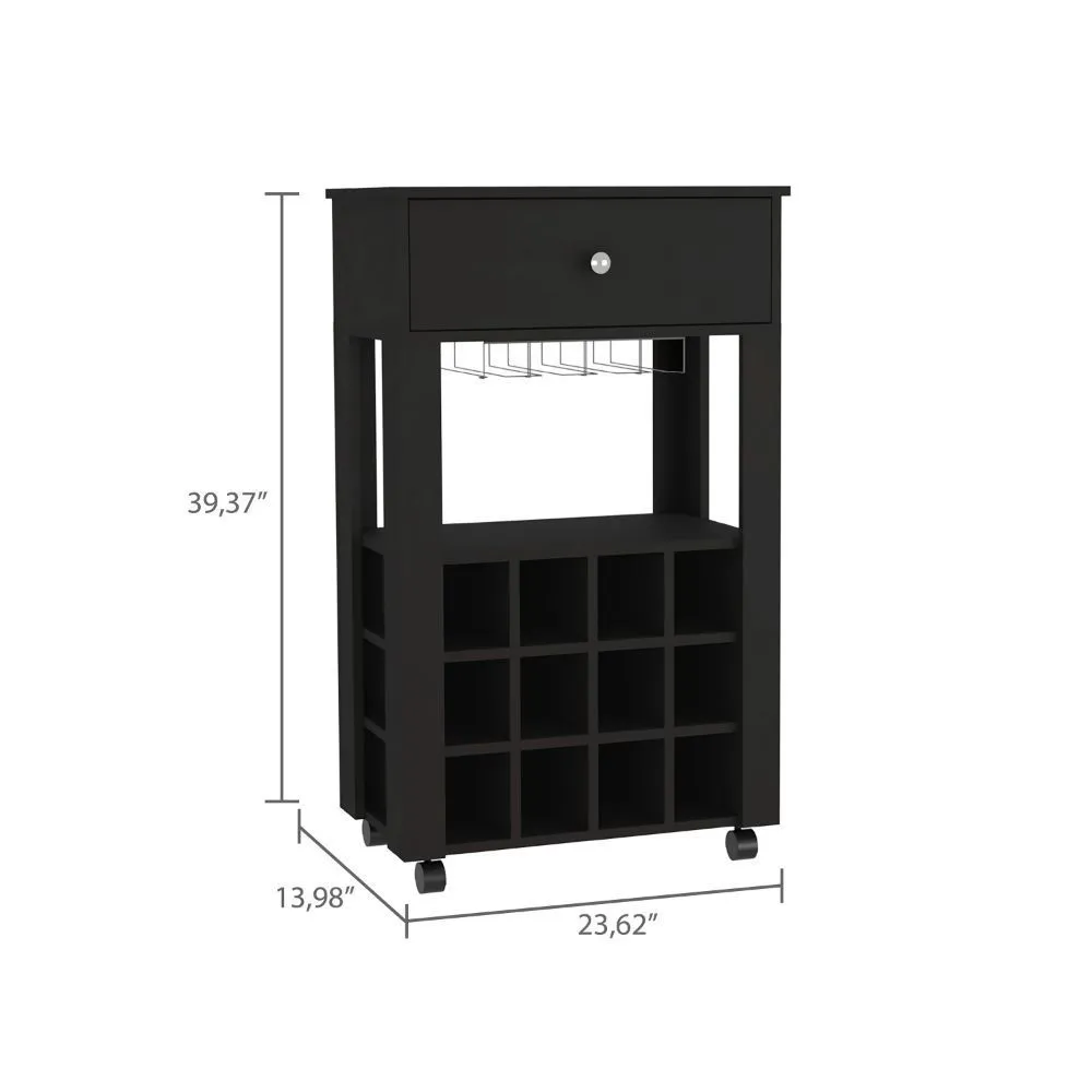 39" H black bar- coffee cart, Kitchen or living room cabinet storage, with 12 bottle racks, a central shelf with  1 Cup holders, 1 drawer ideal for storing small things