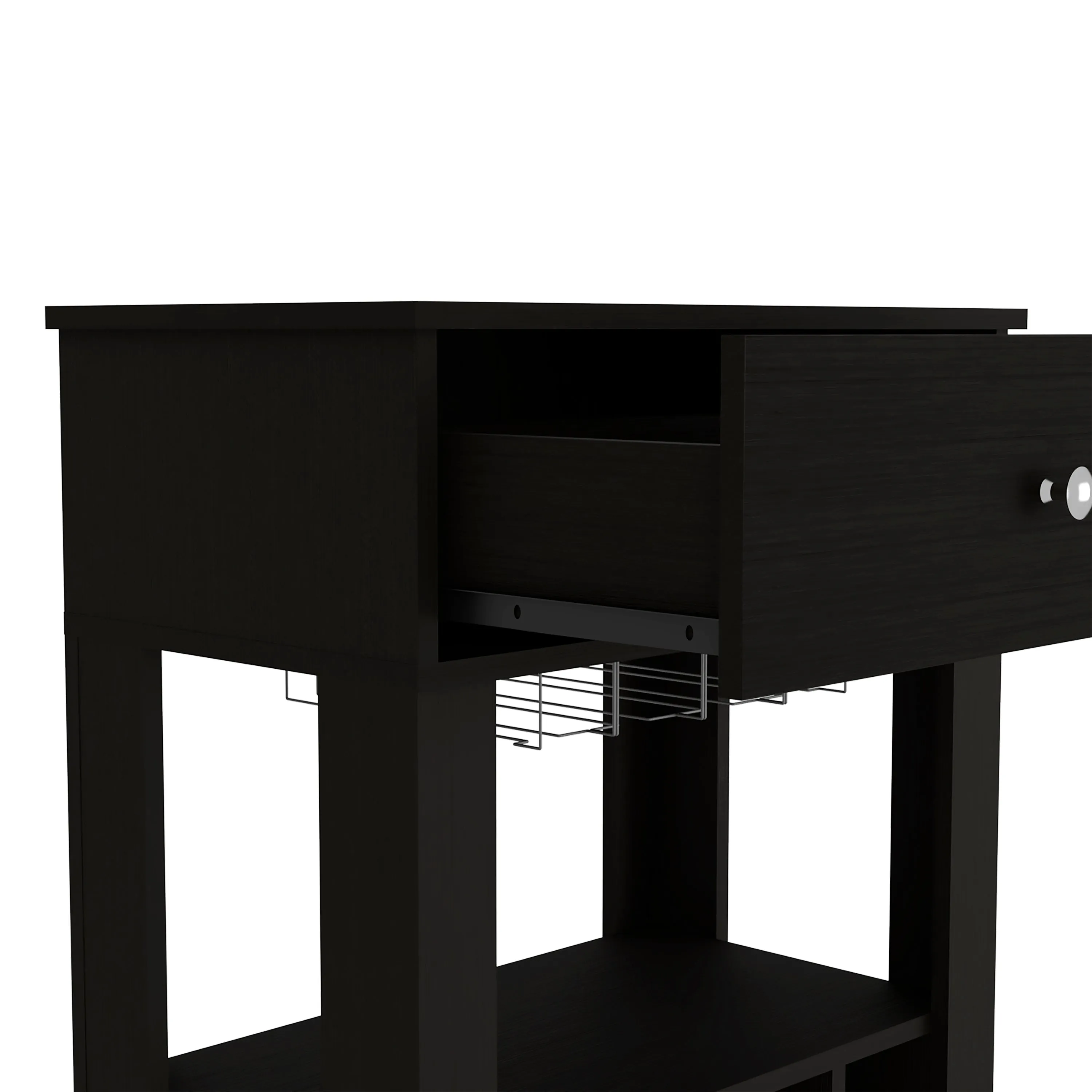 39" H black bar- coffee cart, Kitchen or living room cabinet storage, with 12 bottle racks, a central shelf with  1 Cup holders, 1 drawer ideal for storing small things