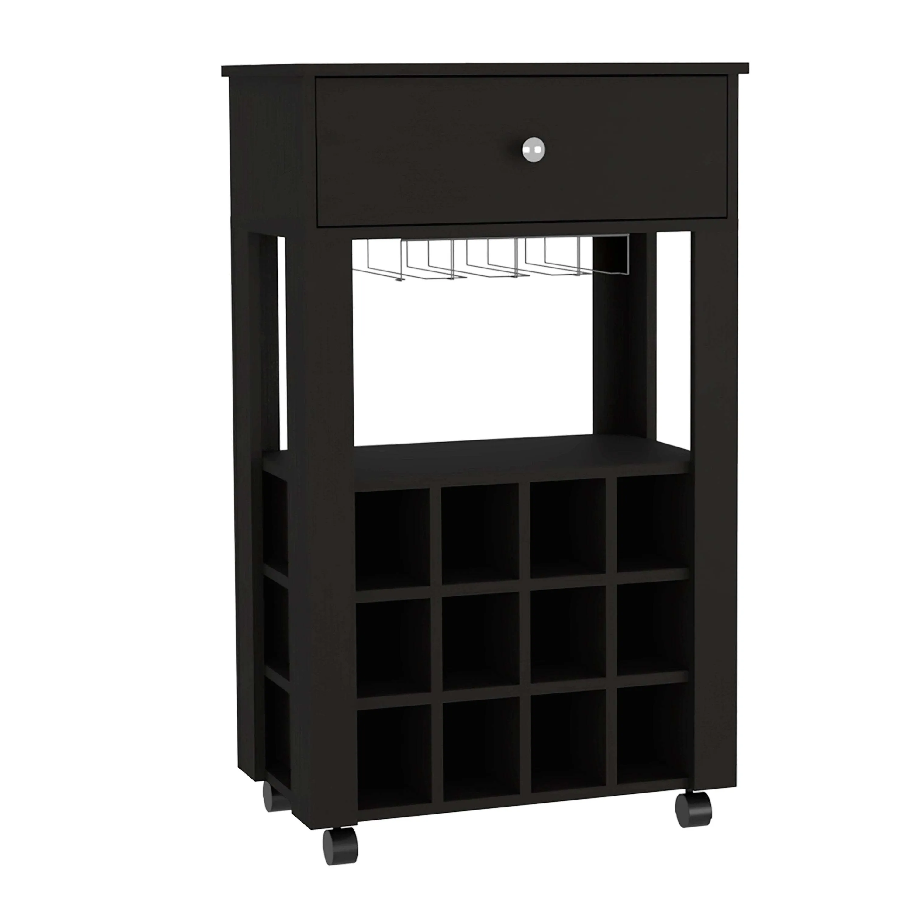 39" H black bar- coffee cart, Kitchen or living room cabinet storage, with 12 bottle racks, a central shelf with  1 Cup holders, 1 drawer ideal for storing small things