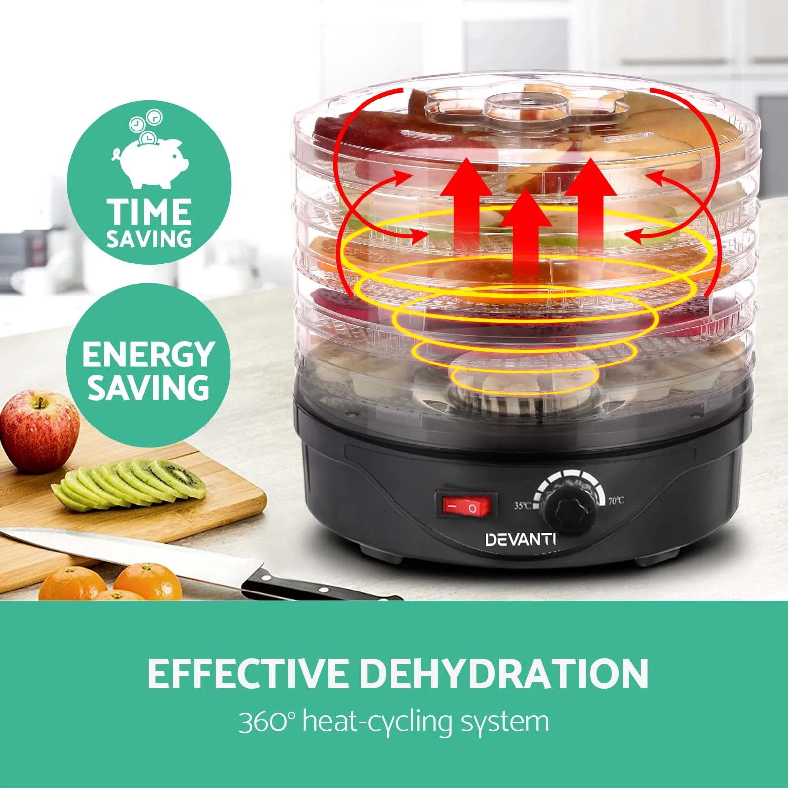 5-Tray Adjustable Food Dehydrator, Transparent Lid, Devanti