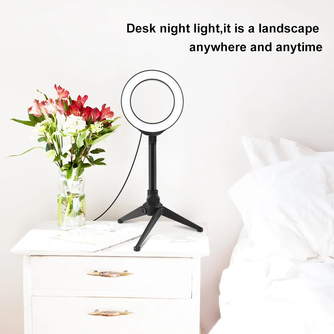 AMZER Live Broadcast Kits 4.7 inch 12cm Ring Light   Desktop Tripod Selfie Stick Mount USB White Light LED Ring