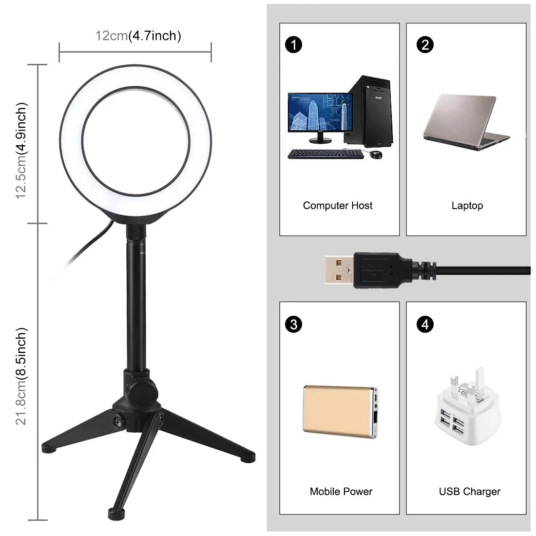AMZER Live Broadcast Kits 4.7 inch 12cm Ring Light   Desktop Tripod Selfie Stick Mount USB White Light LED Ring