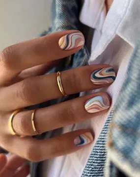 Beauty - Press on Nails - short - cute blue swirl