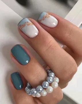 Beauty - Press on Nails - short - teal white gold