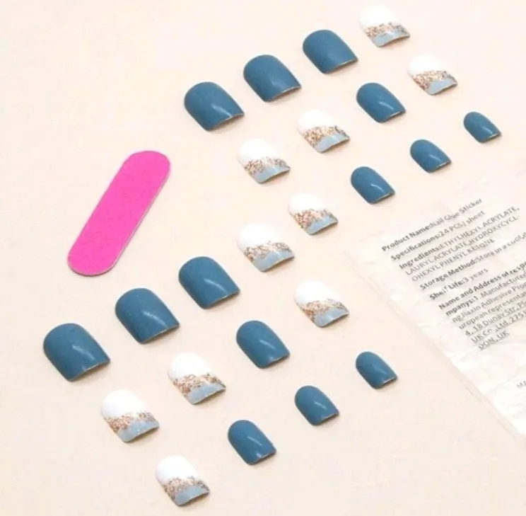 Beauty - Press on Nails - short - teal white gold