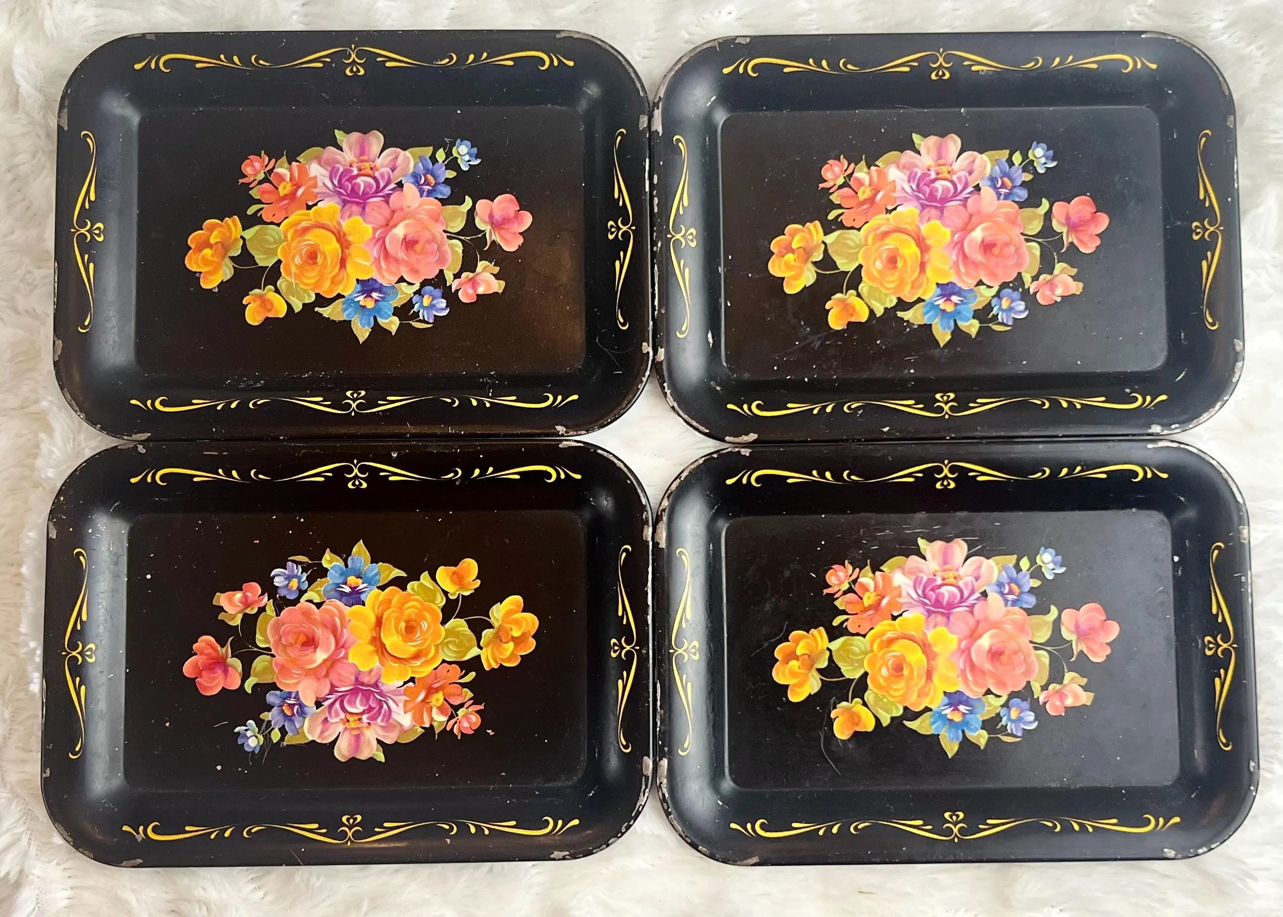 Black Hand Painted Metal Floral Toleware Server - MCM 1950s
