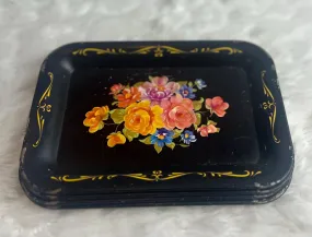 Black Hand Painted Metal Floral Toleware Server - MCM 1950s