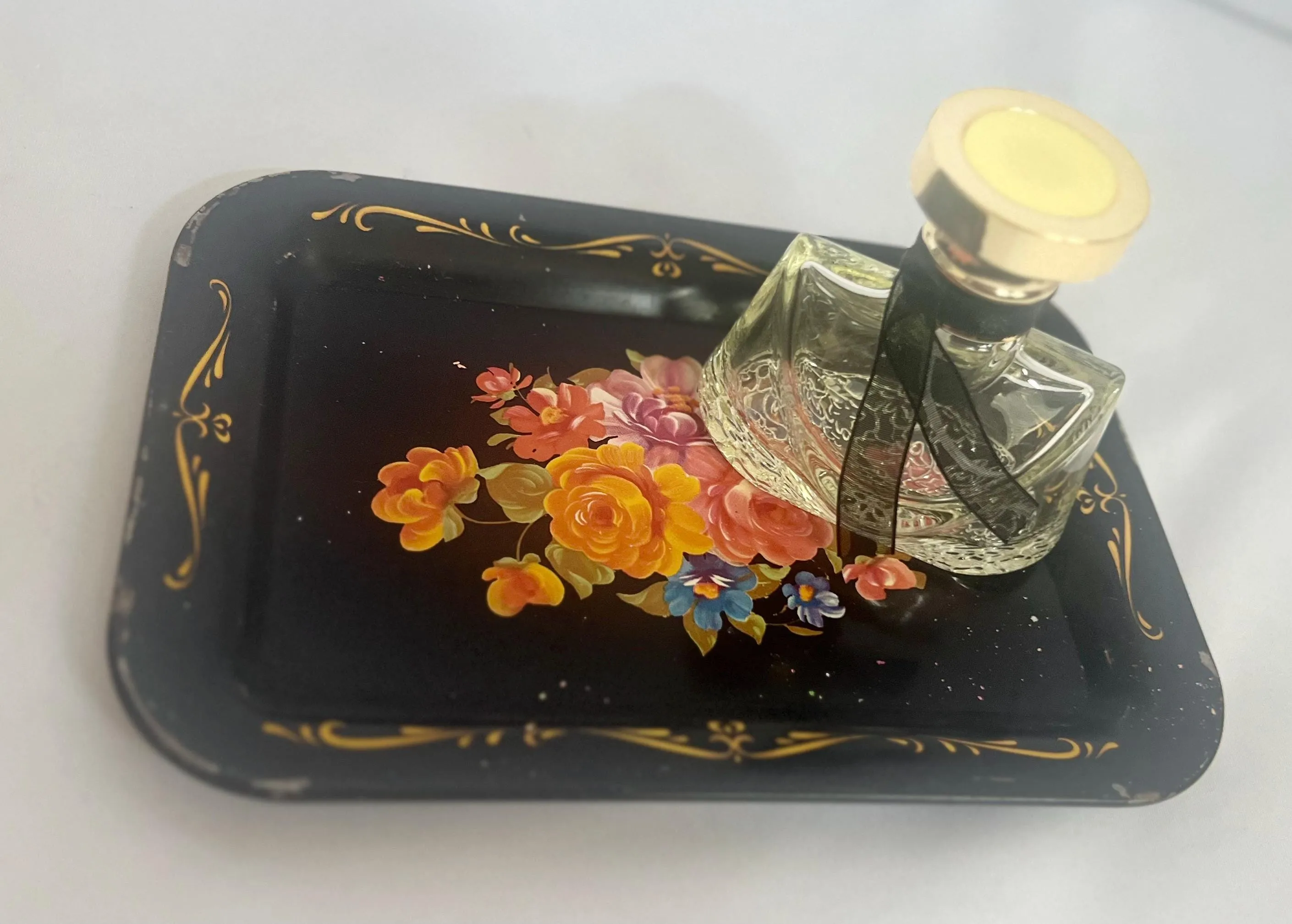 Black Hand Painted Metal Floral Toleware Server - MCM 1950s