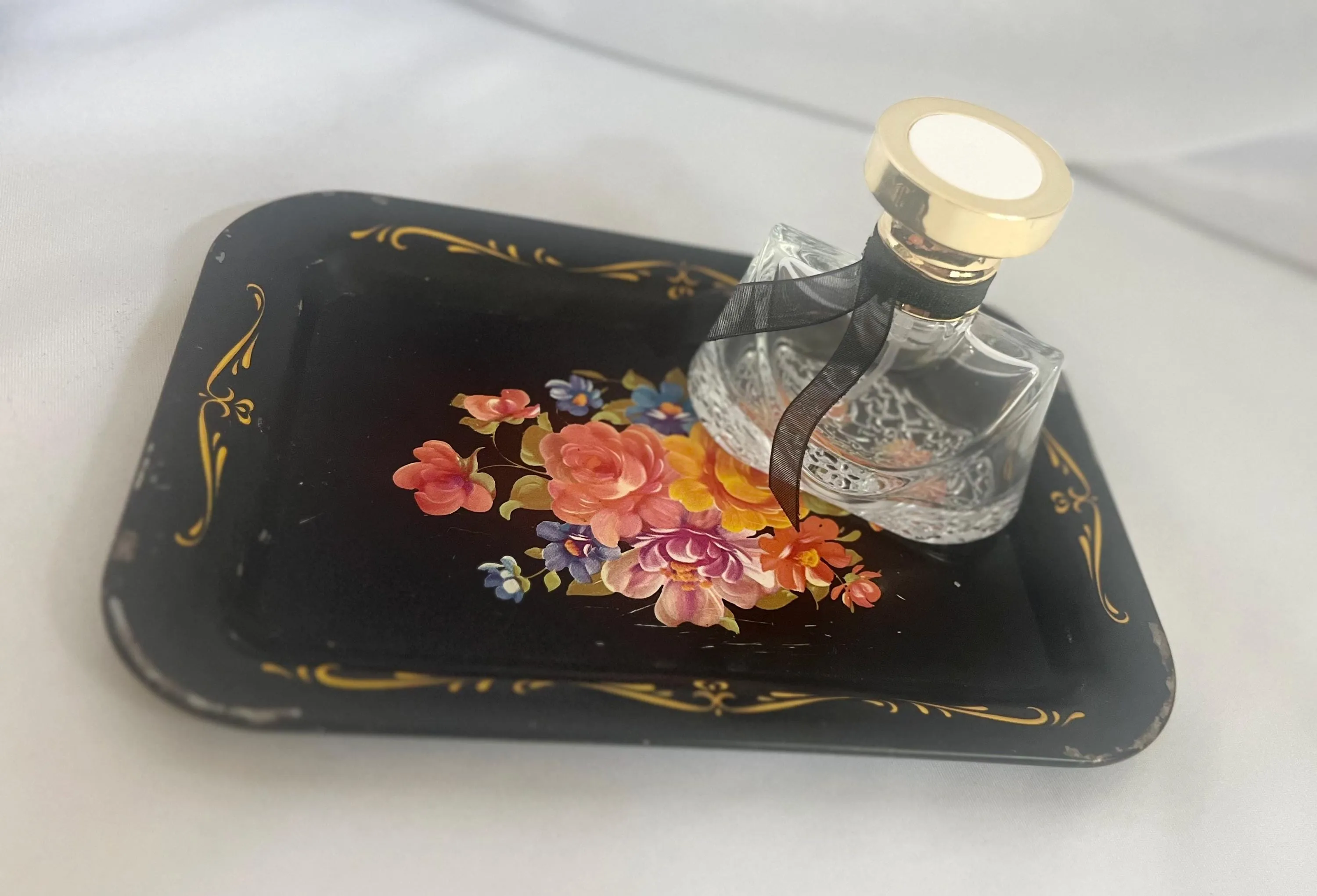 Black Hand Painted Metal Floral Toleware Server - MCM 1950s