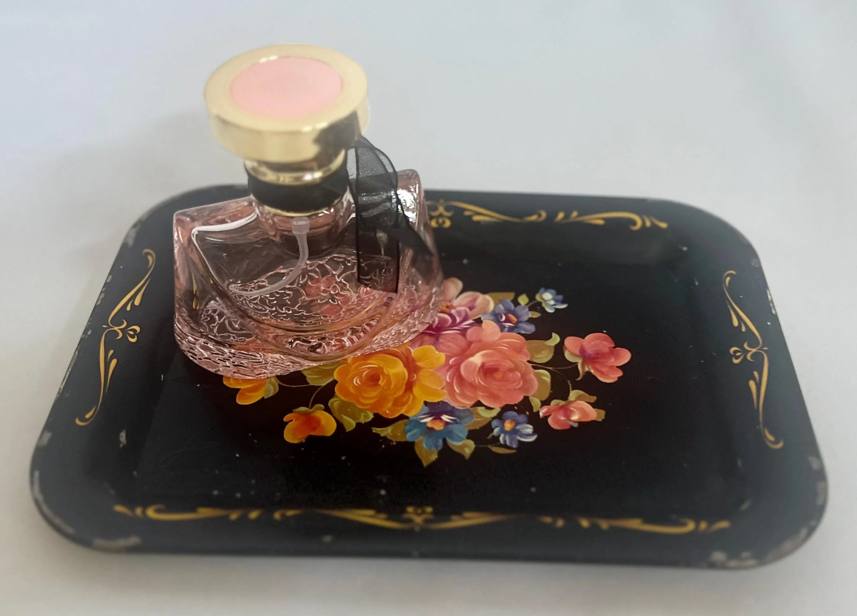 Black Hand Painted Metal Floral Toleware Server - MCM 1950s