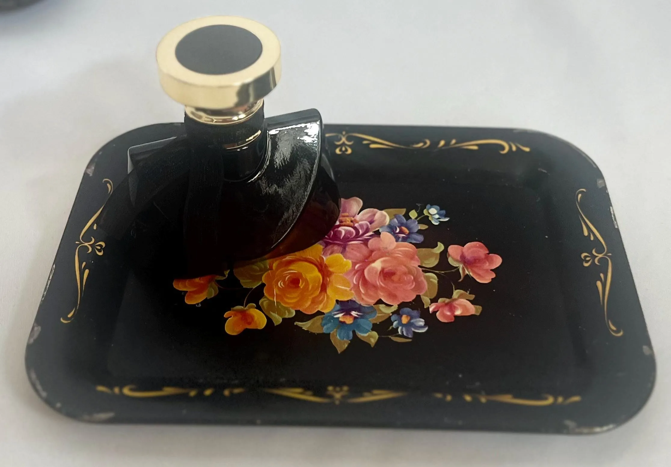 Black Hand Painted Metal Floral Toleware Server - MCM 1950s
