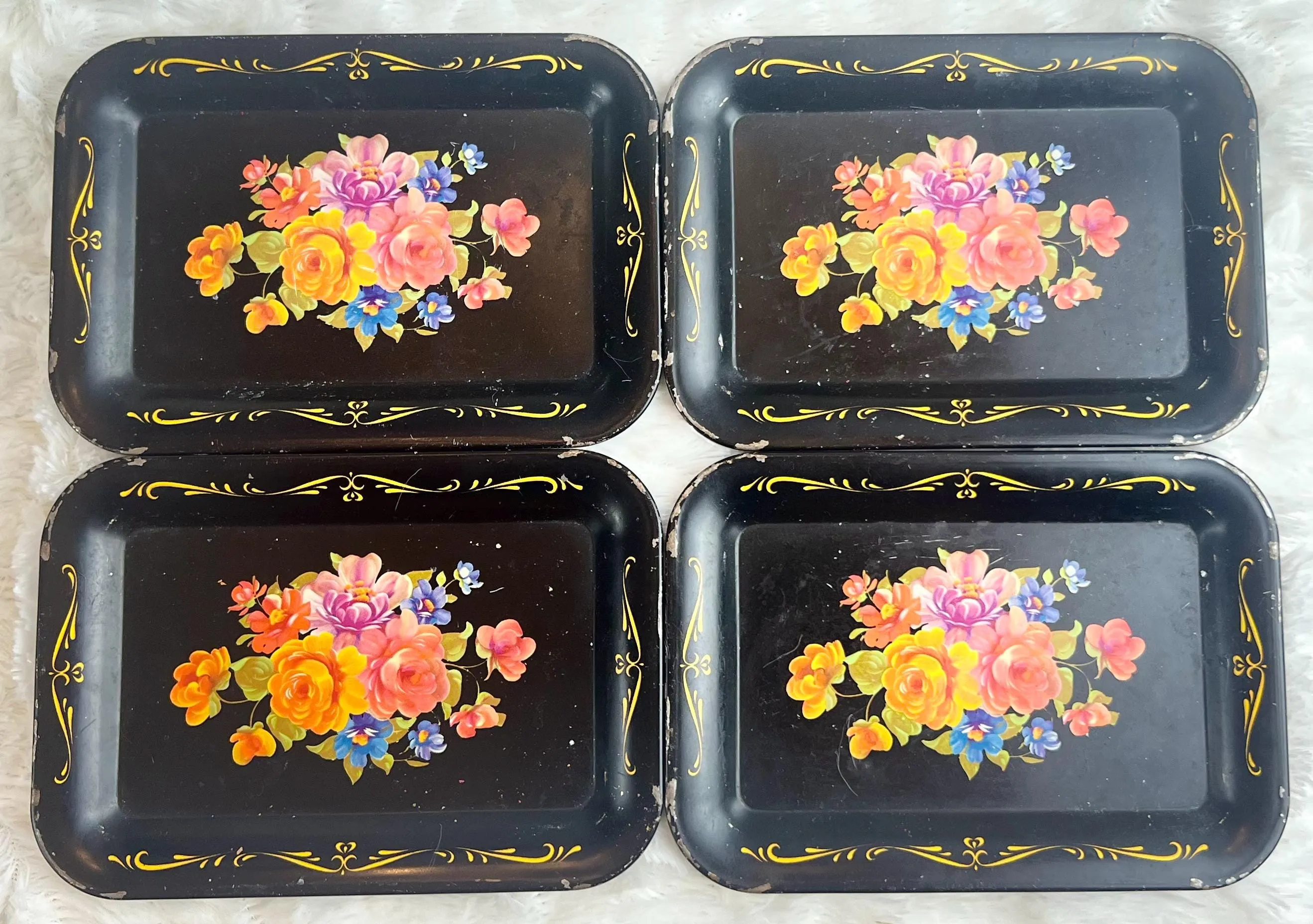 Black Hand Painted Metal Floral Toleware Server - MCM 1950s