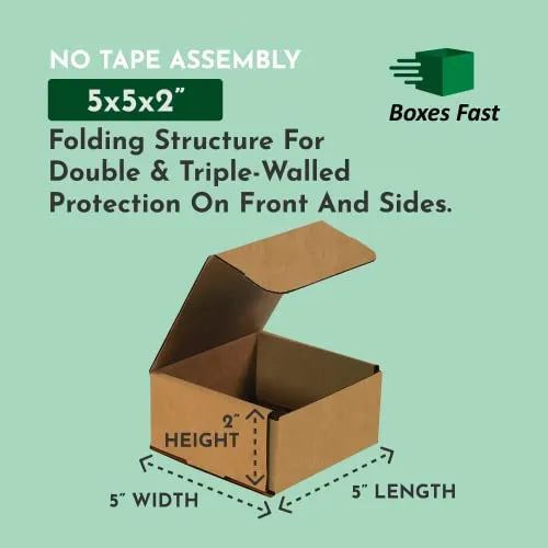 Boxes Fast BFM552K Corrugated Cardboard Mailers, 5 x 5 x 2 Inches, Tuck Top One-Piece, Die-Cut Shipping Cartons, Small Brown Kraft Mailing Boxes (Pack of 50)