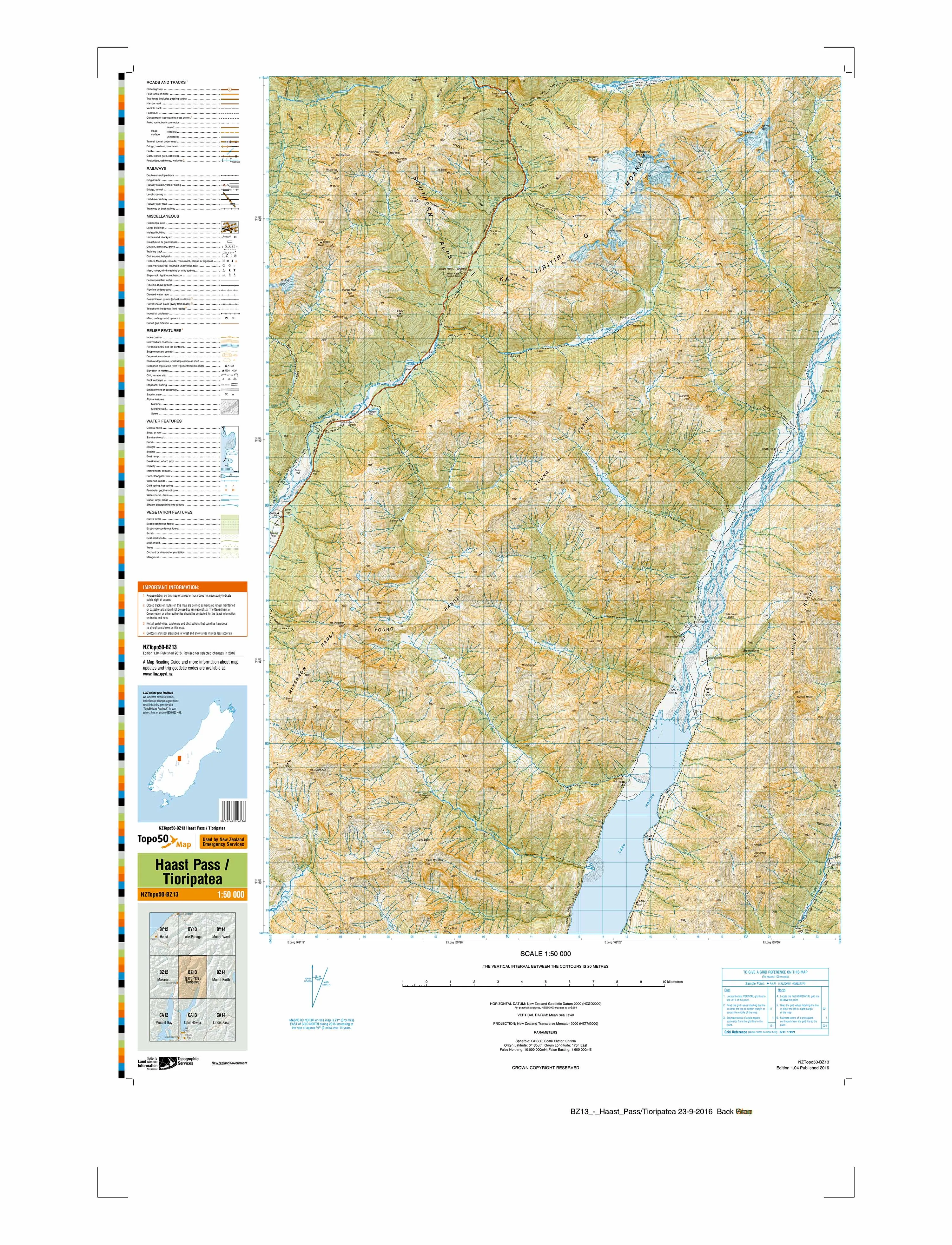 BZ13 - Haast Pass / Tioripatea Topo50 map