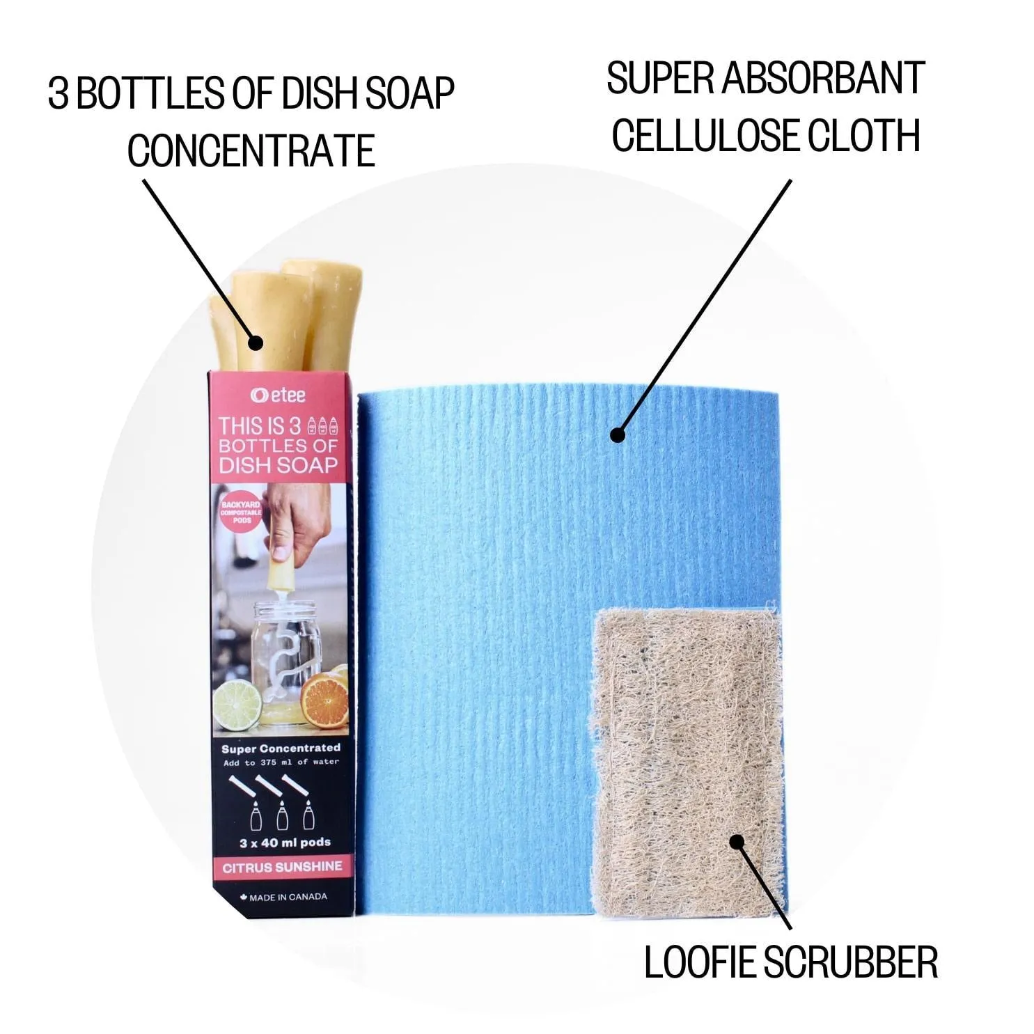 Citrus Liquid Dish Cleaning Essentials - Citrus Dish Soap|Cellulose Cloth|Loofie Scrubber