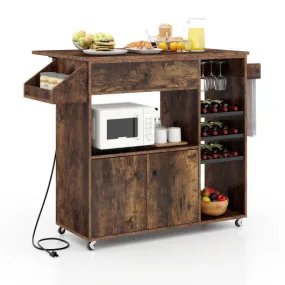 Drop Leaf Mobile Kitchen Island Cart with Power Outlet and Adjustable Shelf-Rustic Brown
