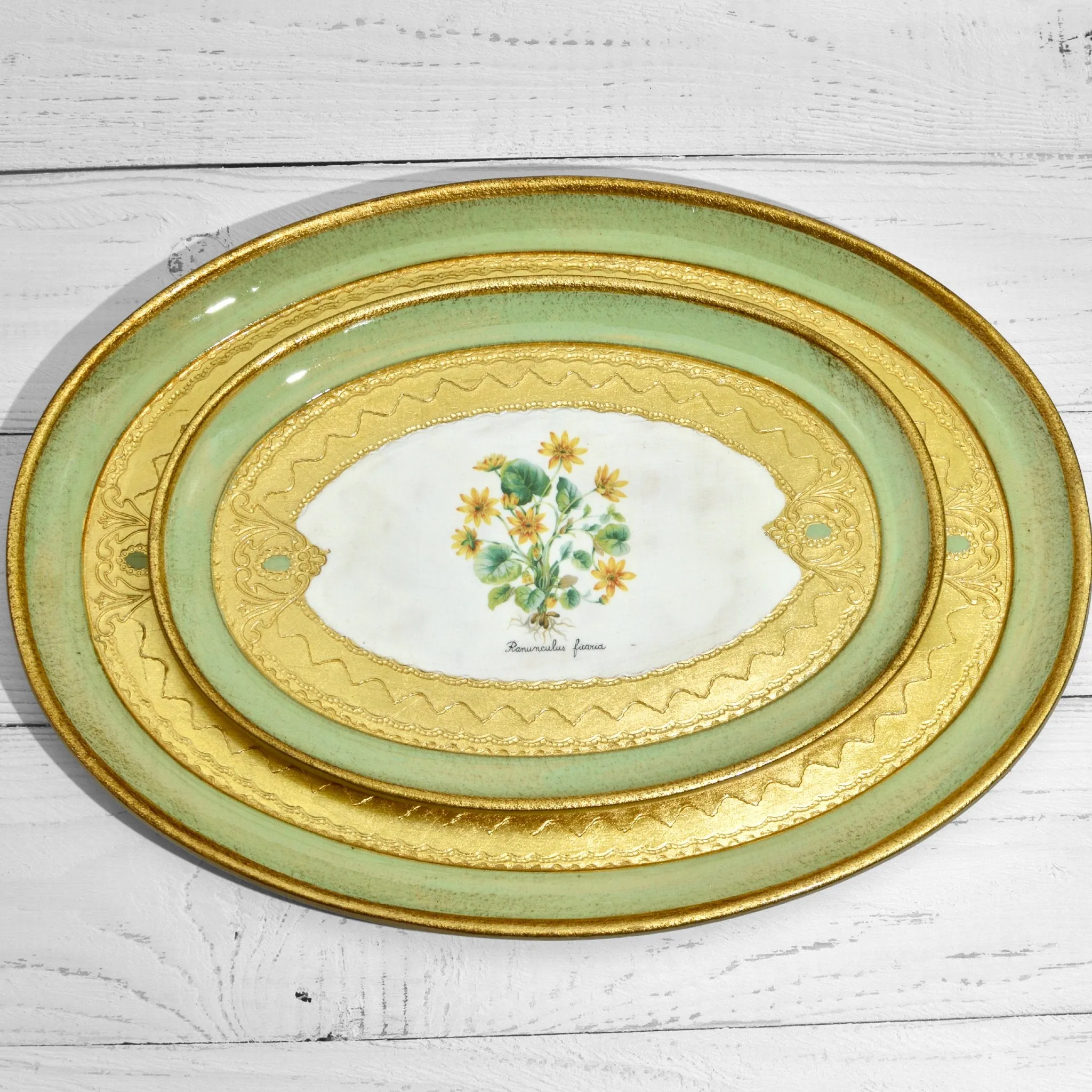 Florentine Carved Wood Botanical Oval Trays