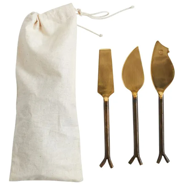 Gold Finish Cheese Knife Set With Twig Handles