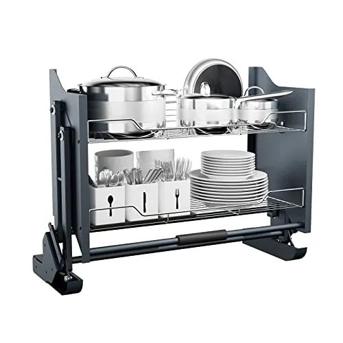 HAVEITS Pull Down Cabinet Organizer, 2 Tiers Spice and Dishes Pull Out Cabinet Storage Shelf for Kitchen Upper Blind Conner Cabinet, Suitable for 30inch Cabinet