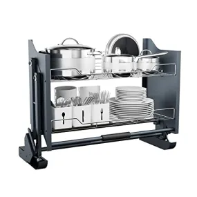 HAVEITS Pull Down Cabinet Organizer, 2 Tiers Spice and Dishes Pull Out Cabinet Storage Shelf for Kitchen Upper Blind Conner Cabinet, Suitable for 30inch Cabinet