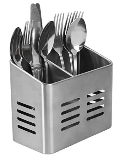 Home Basics Dual Compartment Stainless Steel Draining Cutlery/Utensil Holder Organizer, Free Standing, Kitchen Countertop, Silver (1)