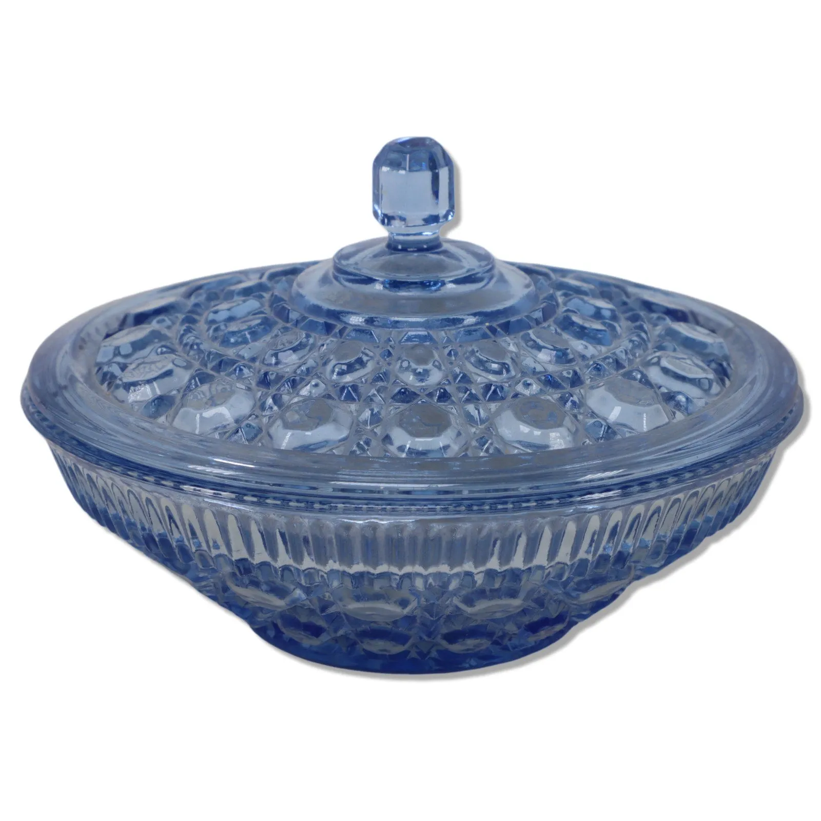 Indiana Glass Windsor Blue Lidded Candy Dish Button and Cane Pattern