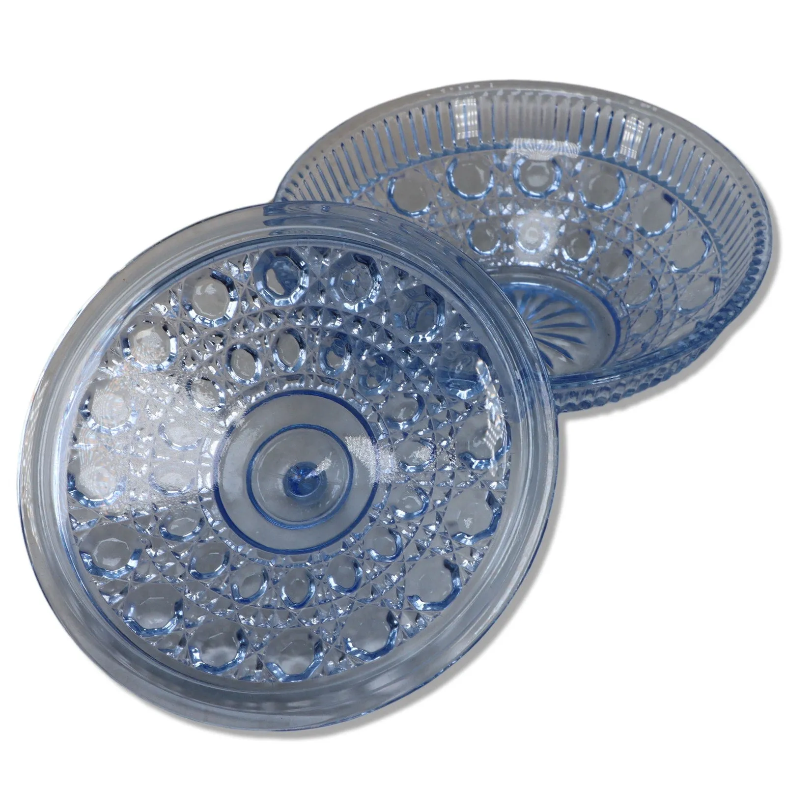 Indiana Glass Windsor Blue Lidded Candy Dish Button and Cane Pattern