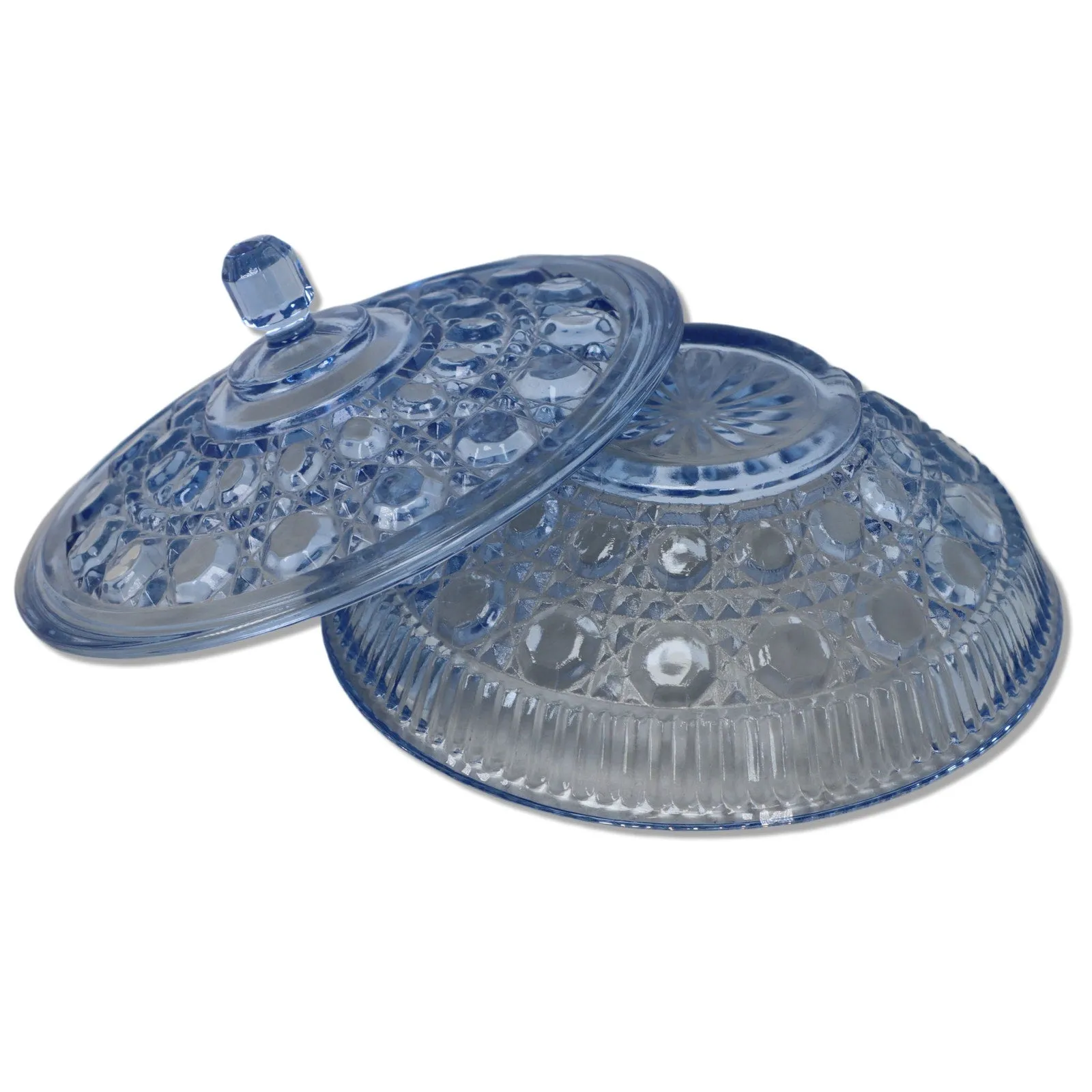 Indiana Glass Windsor Blue Lidded Candy Dish Button and Cane Pattern
