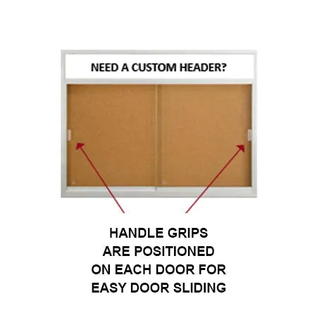 Indoor Bulletin Cork Board 50x40 with Your Personalized Message Header   Metal Display Case with Two Sliding Glass Doors