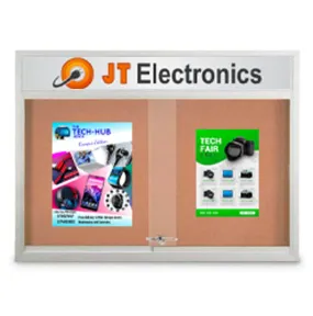Indoor Bulletin Cork Board 50x40 with Your Personalized Message Header   Metal Display Case with Two Sliding Glass Doors