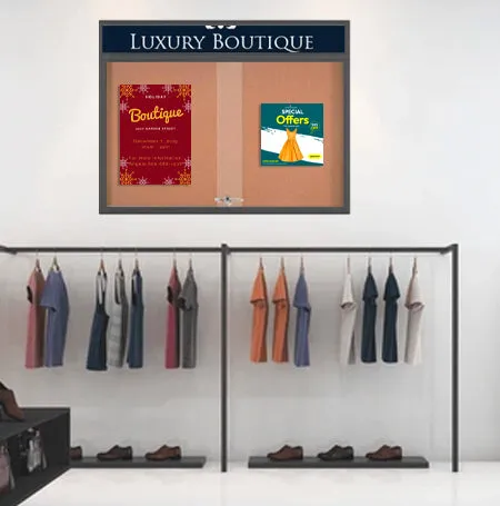 Indoor Bulletin Cork Board 50x40 with Your Personalized Message Header   Metal Display Case with Two Sliding Glass Doors