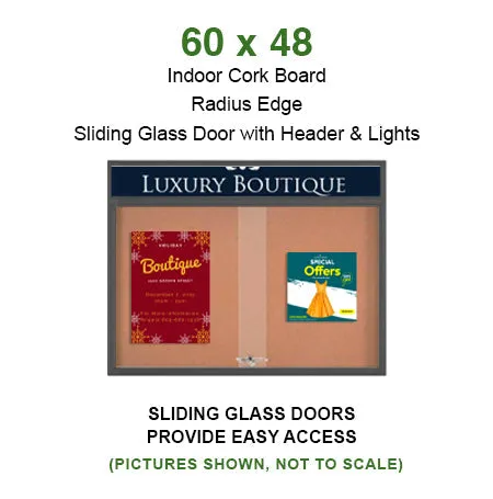 Indoor Bulletin Cork Board 50x40 with Your Personalized Message Header   Metal Display Case with Two Sliding Glass Doors