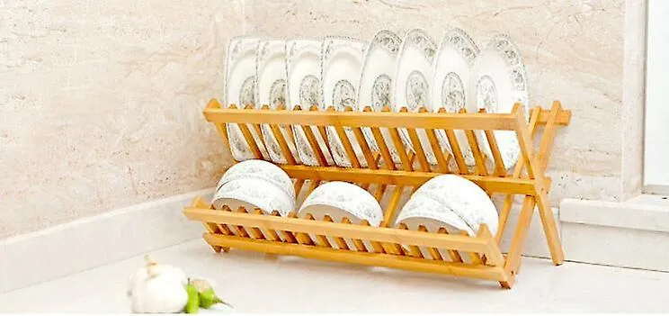 Kitchen Cabinets Folding Rack Double Layers Dishes Drainer