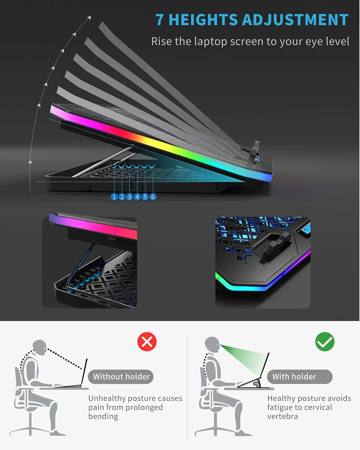 Laptop Cooler Pad RGB Lights with 6 Cooling Fans