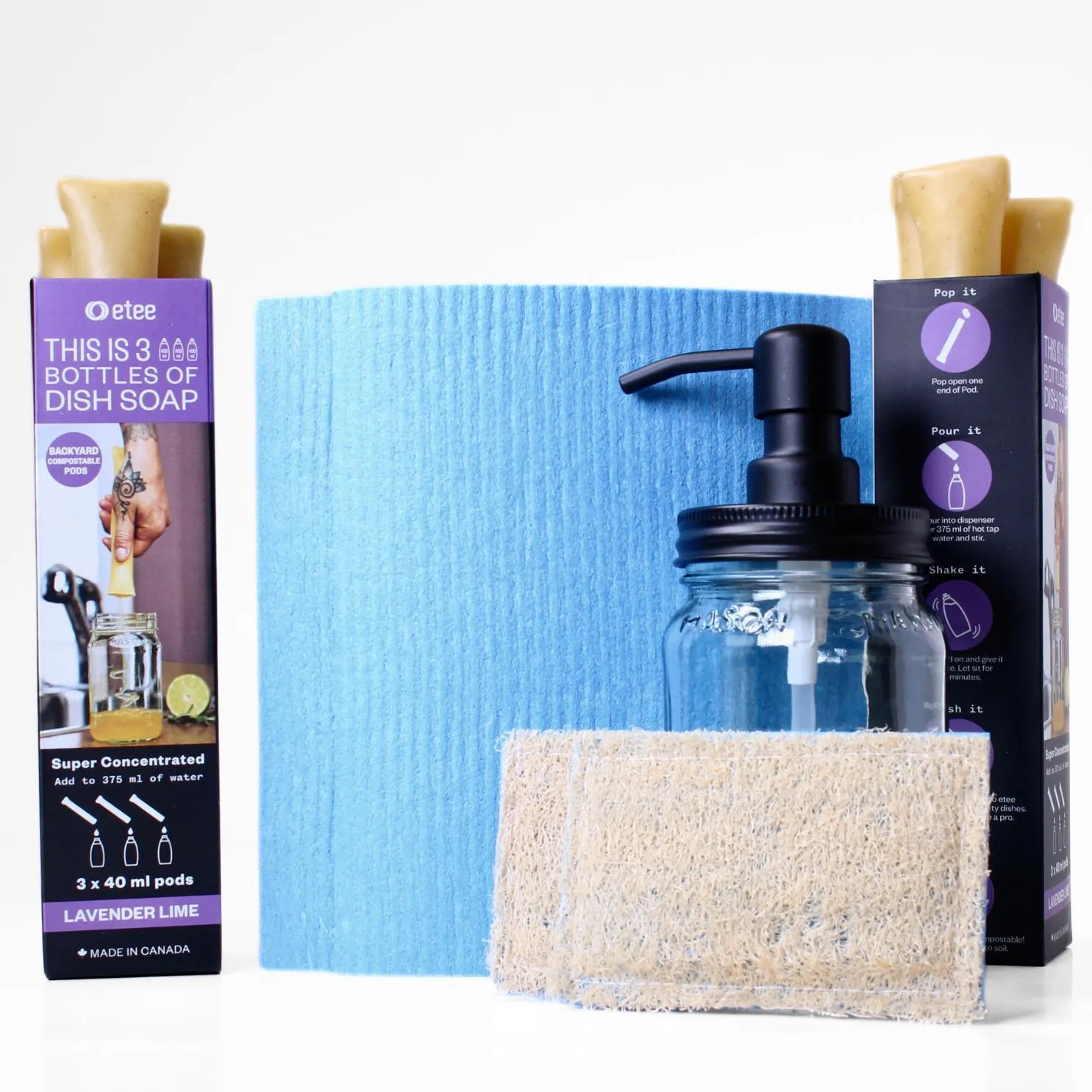 Lavender Lime Dishwashing Kit - Lavender Lime Dish Soap, Cellulose Cloth, Loofie Scrubber & Glass Dispenser